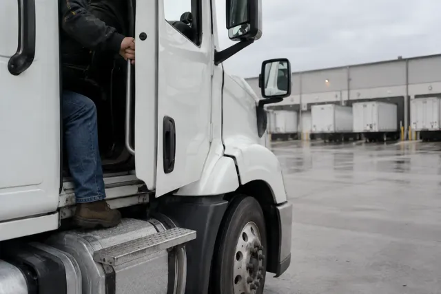 Truck driver in jeans and work boots climbing into the cab of a white semi truck at a freight distribution yard